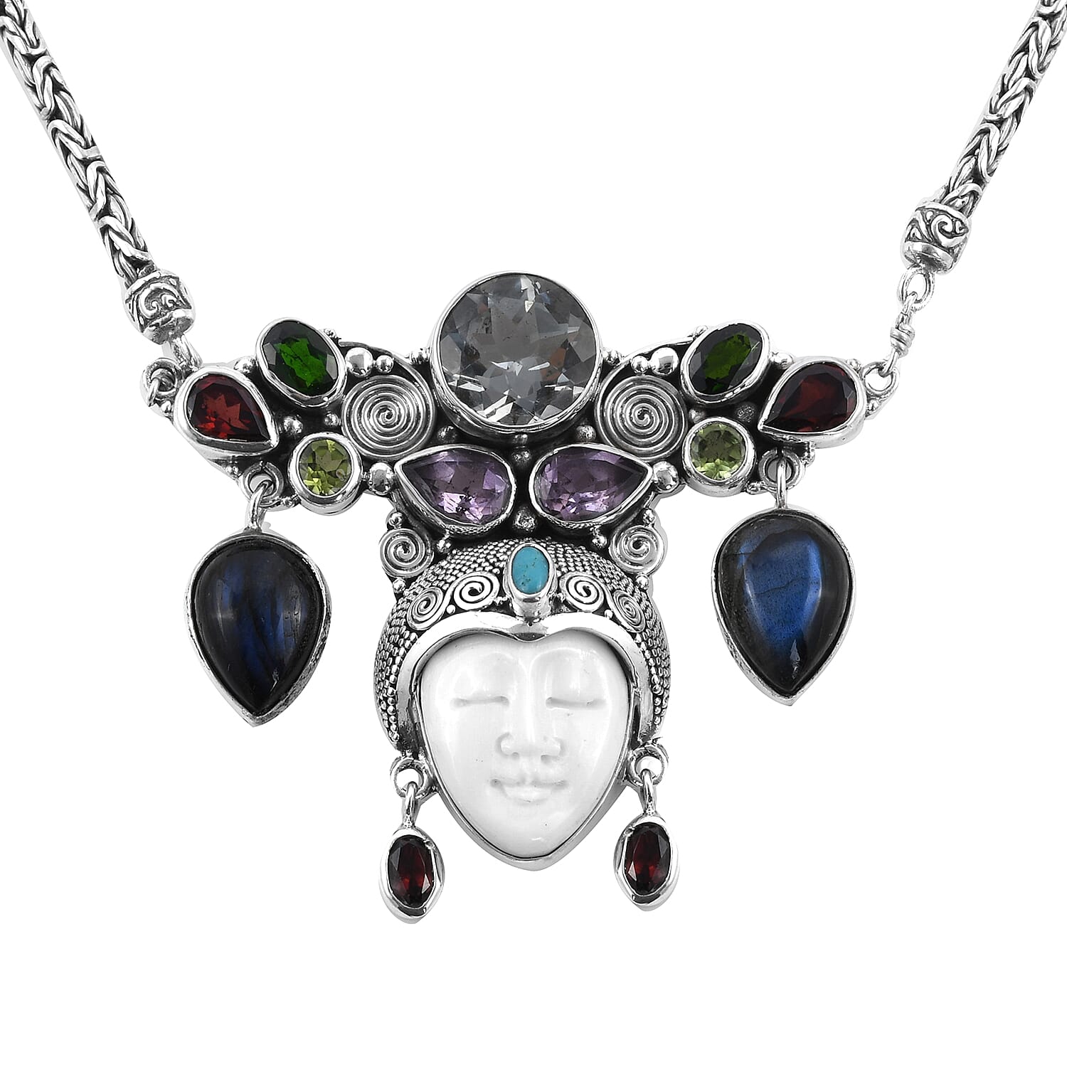 BALI GODDESS Carved Bone and Multi Gemstone Necklace 22 Inches in Sterling Silver 39.20 Grams 26.10 ctw
