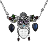 BALI GODDESS Carved Bone and Multi Gemstone Necklace 22 Inches in Sterling Silver 39.20 Grams 26.10 ctw