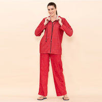 TAMSY Red Sparkle Printed Brushed Flannel Track Suit Set - L