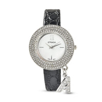 STRADA Austrian Crystal Japanese Movement Triple Halo Watch with Initial A Charm and Black Faux Leather Strap
