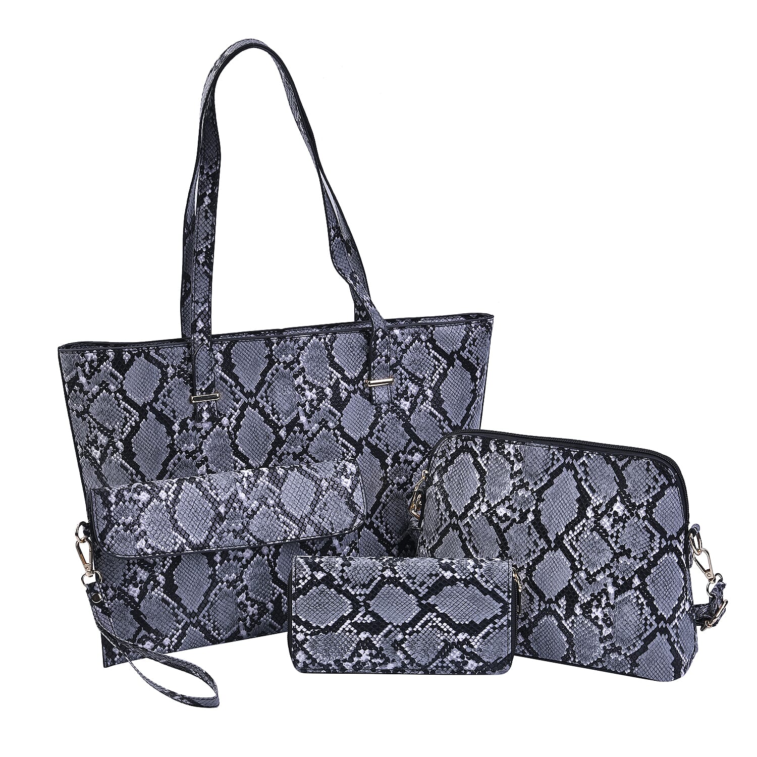PASSAGE Black Snake Skin Pattern Faux Leather Totebag (13"x4"x10.5"), Crossbody Bag (10.24"x3.15"x7.5"), Clutch Bag (9.84"x6.3") and Wallet (7.87"x4")