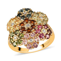 Multi-Tourmaline and Natural White Zircon Floral Ring in Vermeil Yellow Gold Over Sterling Silver (Size 10.0) 3.00 ctw