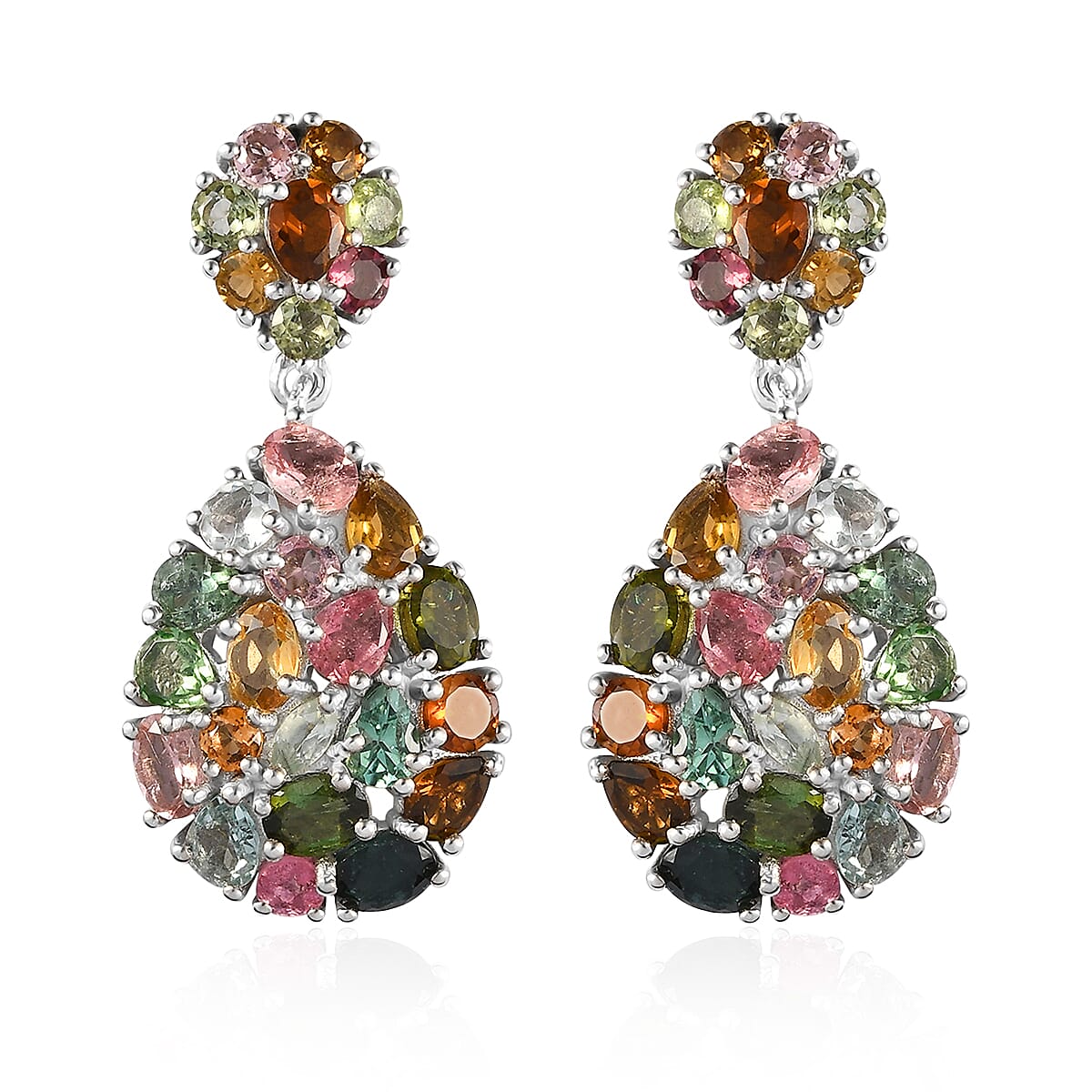 Multi-Tourmaline Dangling Earrings in Platinum Over Sterling Silver 6.40 ctw