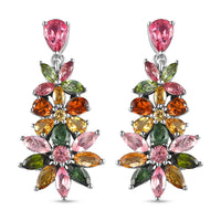 Multi-Tourmaline Floral Dangle Earrings in Platinum Over Sterling Silver 5.25 ctw