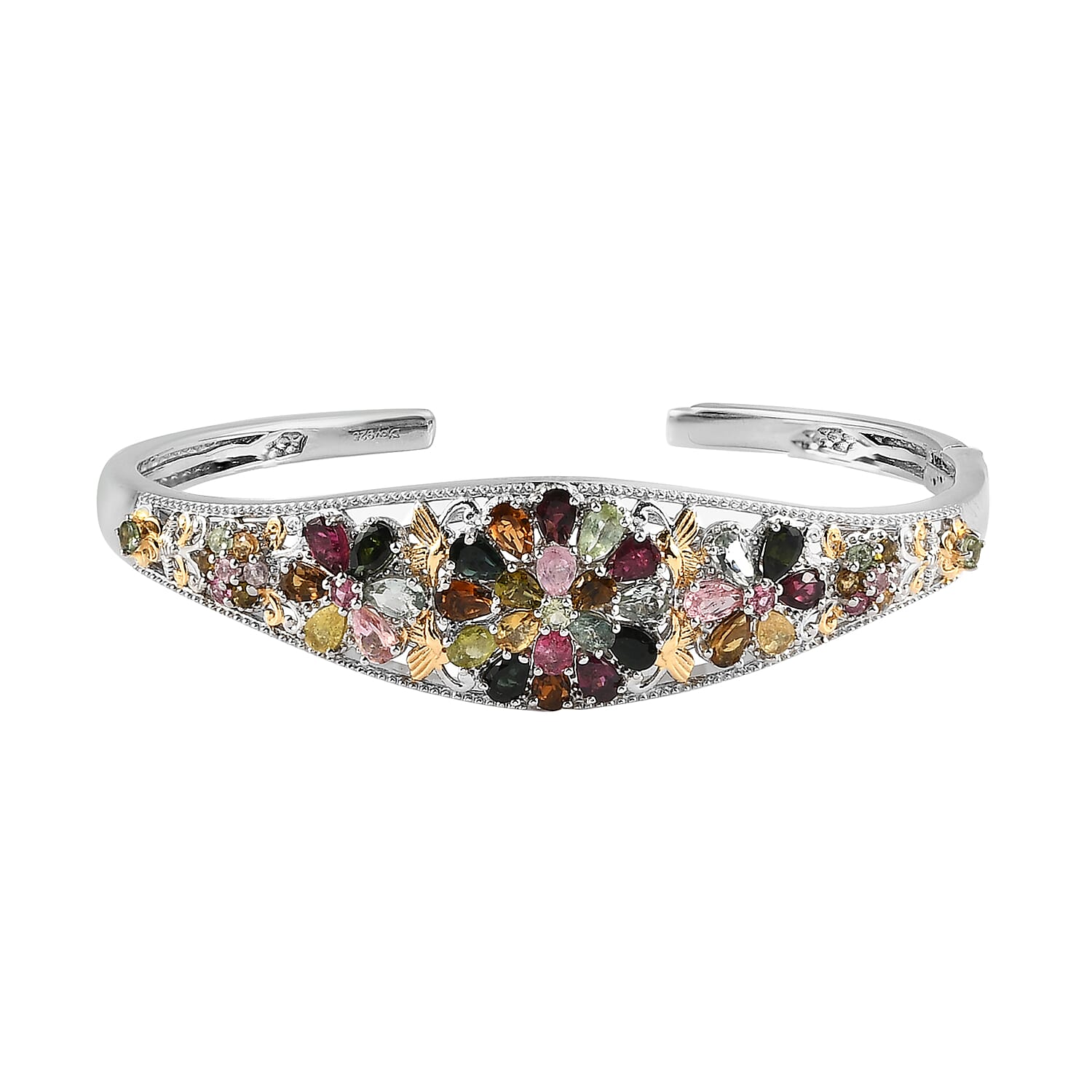 Multi-Tourmaline Cuff Bracelet in Vermeil Yellow Gold and Platinum Over Sterling Silver (7.25 In) 7.10 ctw