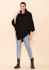 TAMSY Black 100% Pashmina Wool fur Poncho (One Size Fits Most, 28"x28")