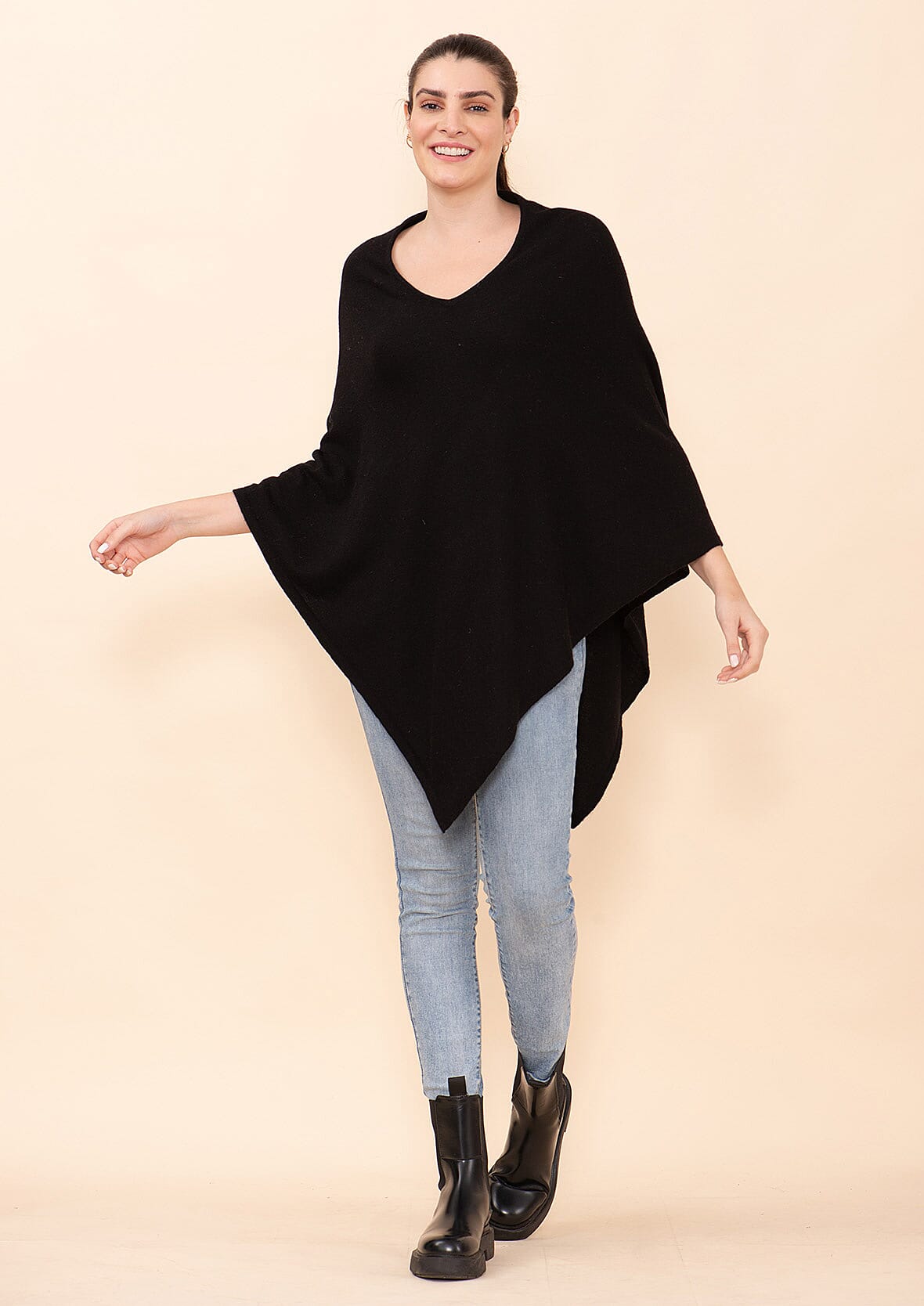 TAMSY Black 100% Pashmina Wool Poncho (One Size Fits Most, 28"x28")