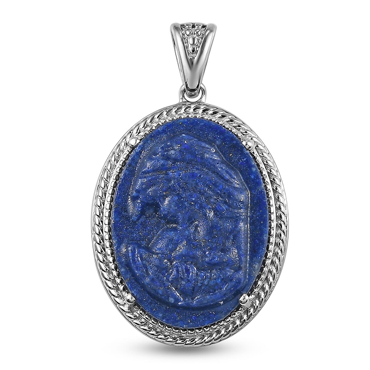 Karis Freshened Lapis Lazuli Carved Mother Mary Pendant in Platinum Bond 8.90 ctw