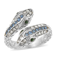 Blue, White and Green Austrian Crystal Serpent Couple Open Ring in Stainless Steel