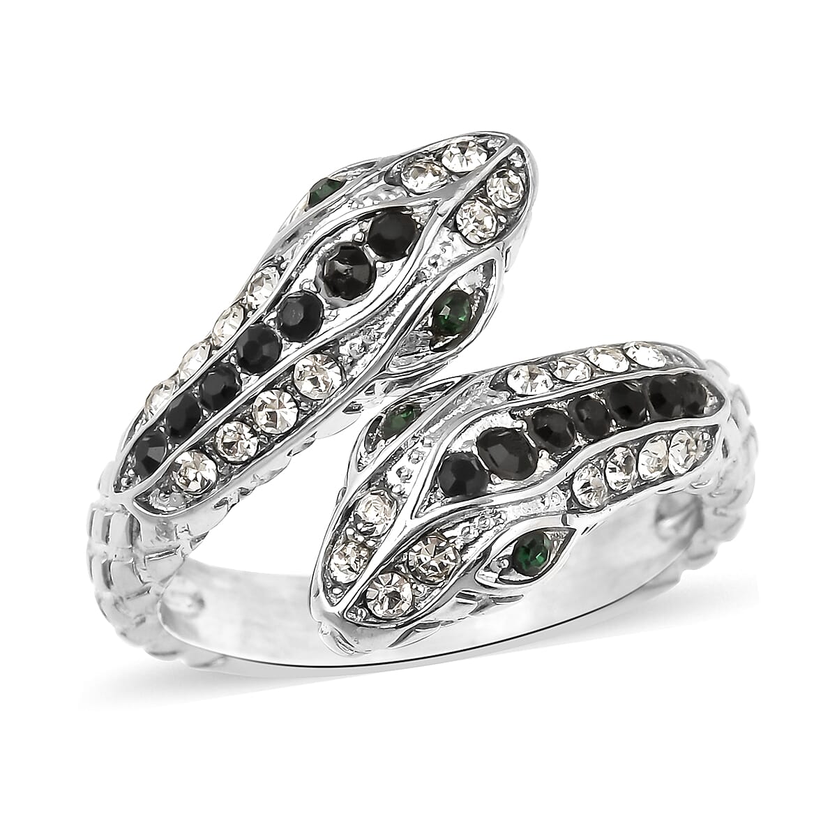 Blue, White and Green Austrian Crystal Serpent Couple Open Ring in Stainless Steel