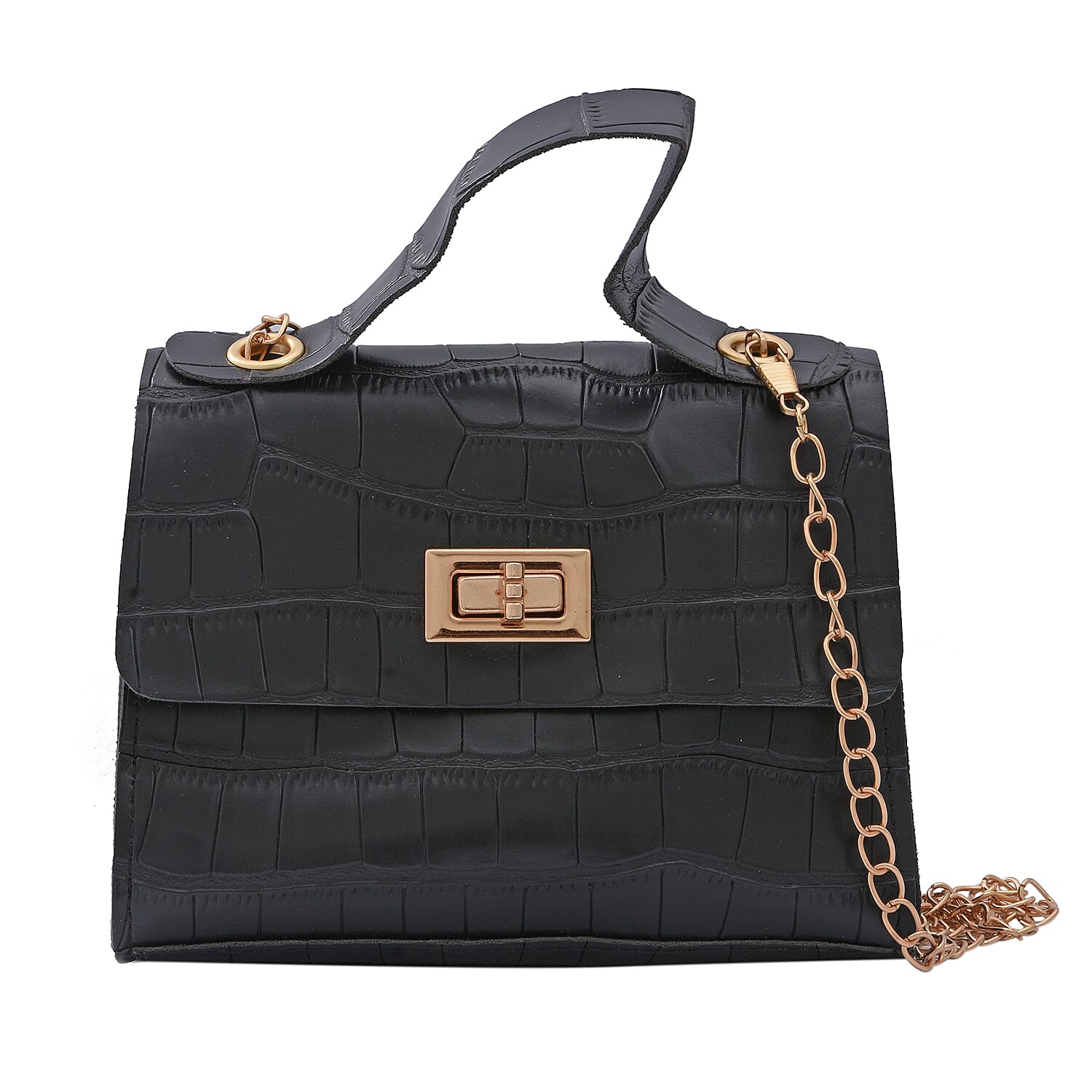 ROYAL SIAMESE Black Croc Embossed Faux Leather Mini Handbag (6.69"x2.76"x54.72") with Detachable Chain Shoulder Strap
