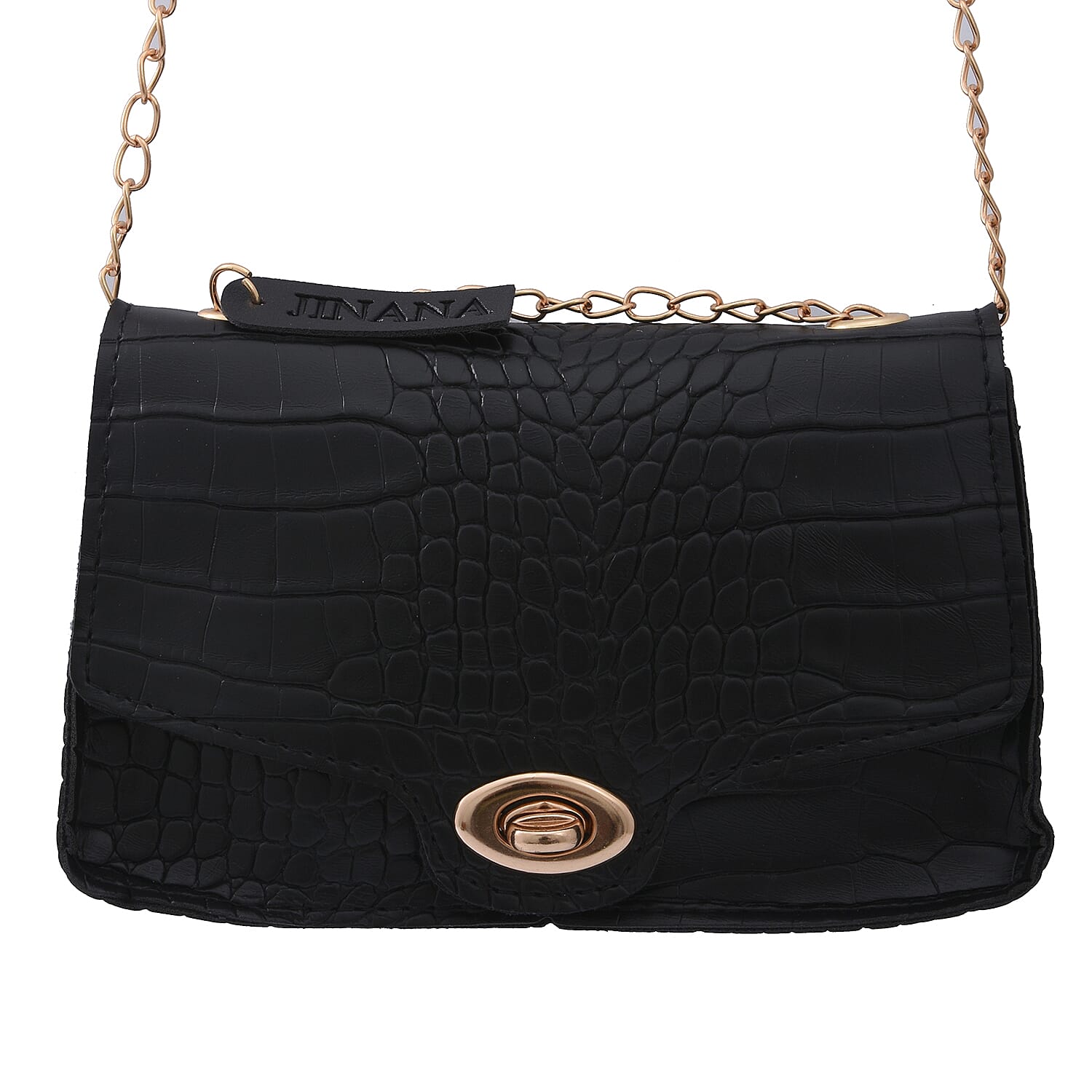 ROYAL SIAMESE Black Croc Embossed Faux Leather Mini Handbag with Detachable Chain Shoulder Strap