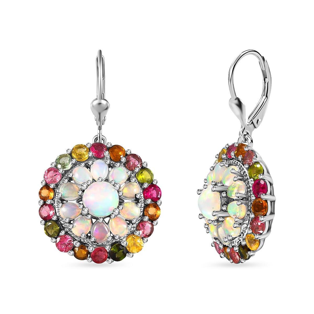 Ethiopian Welo Opal and Multi-Tourmaline Cocktail Earrings in Platinum Over Sterling Silver 8 Grams 7.65 ctw