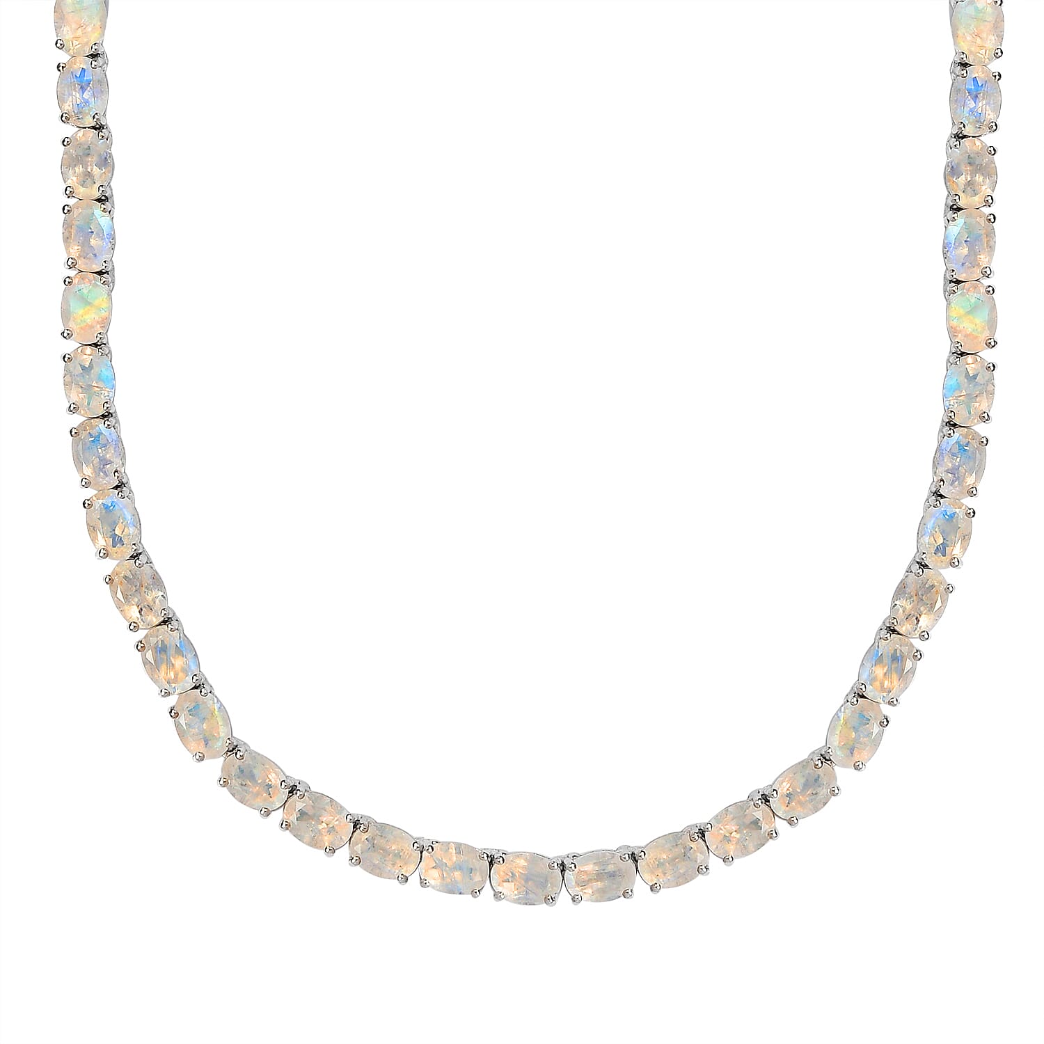 Premium Rainbow Moonstone and Diamond Accent Tennis Necklace 18 Inches in Platinum Over Sterling Silver 49.25 ctw