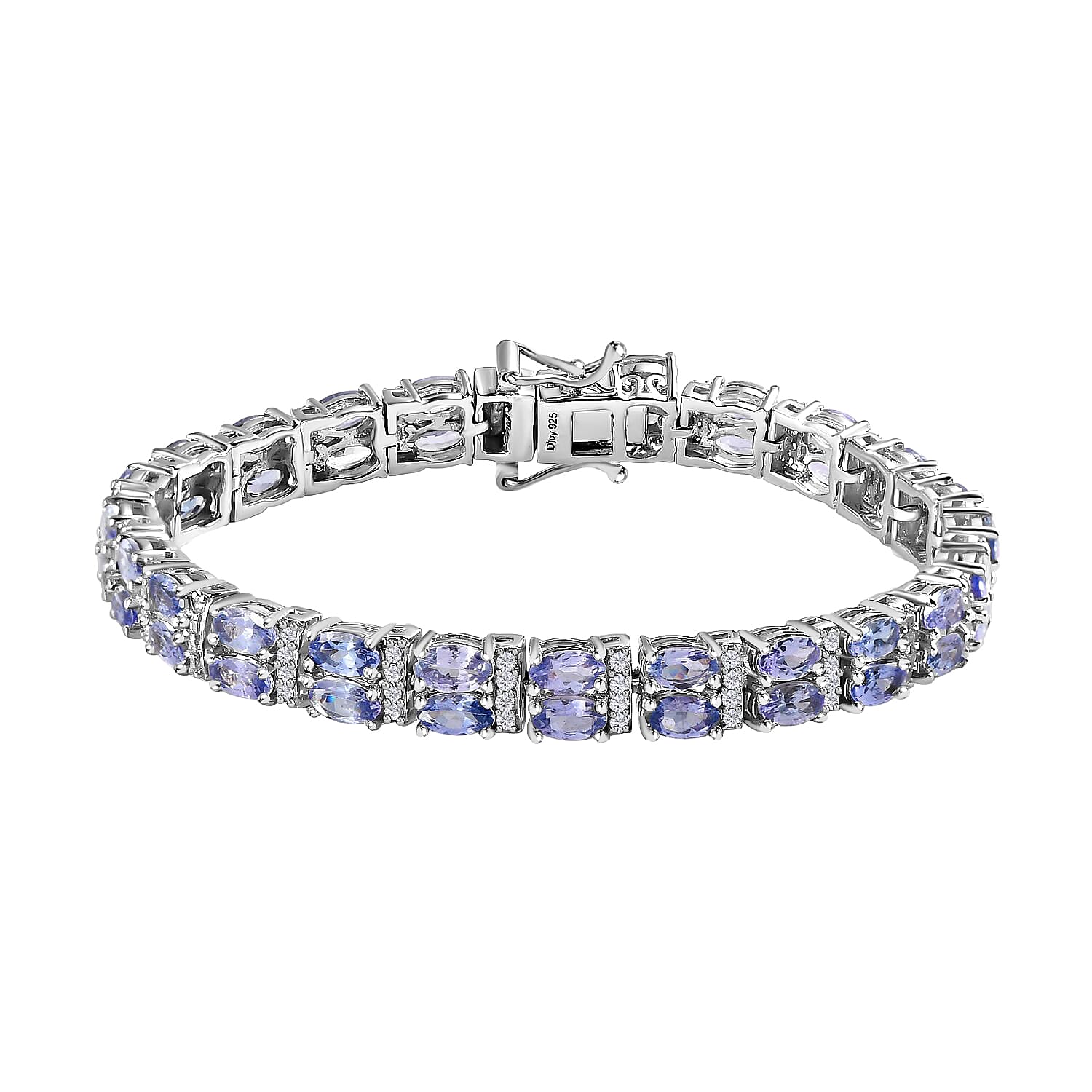 Tanzanite and Natural White Zircon Double Row Tennis Bracelet in Platinum Over Sterling Silver (6.50 In) 13.40 Grams 12.25 ctw