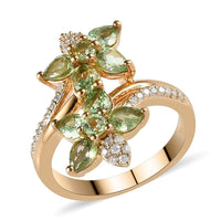 Merelani Mint Garnet and Moissanite VS-EF Bypass Floral Ring in Vermeil Yellow Gold Over Sterling Silver 1.50 ctw