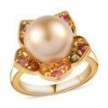 South Sea Golden Cultured Pearl and Multi-Tourmaline Floral Ring in Vermeil Yellow Gold Over Sterling Silver 0.70 ctw - Sticky add to cart bar