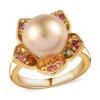 South Sea Golden Cultured Pearl and Multi-Tourmaline Floral Ring in Vermeil Yellow Gold Over Sterling Silver 0.70 ctw