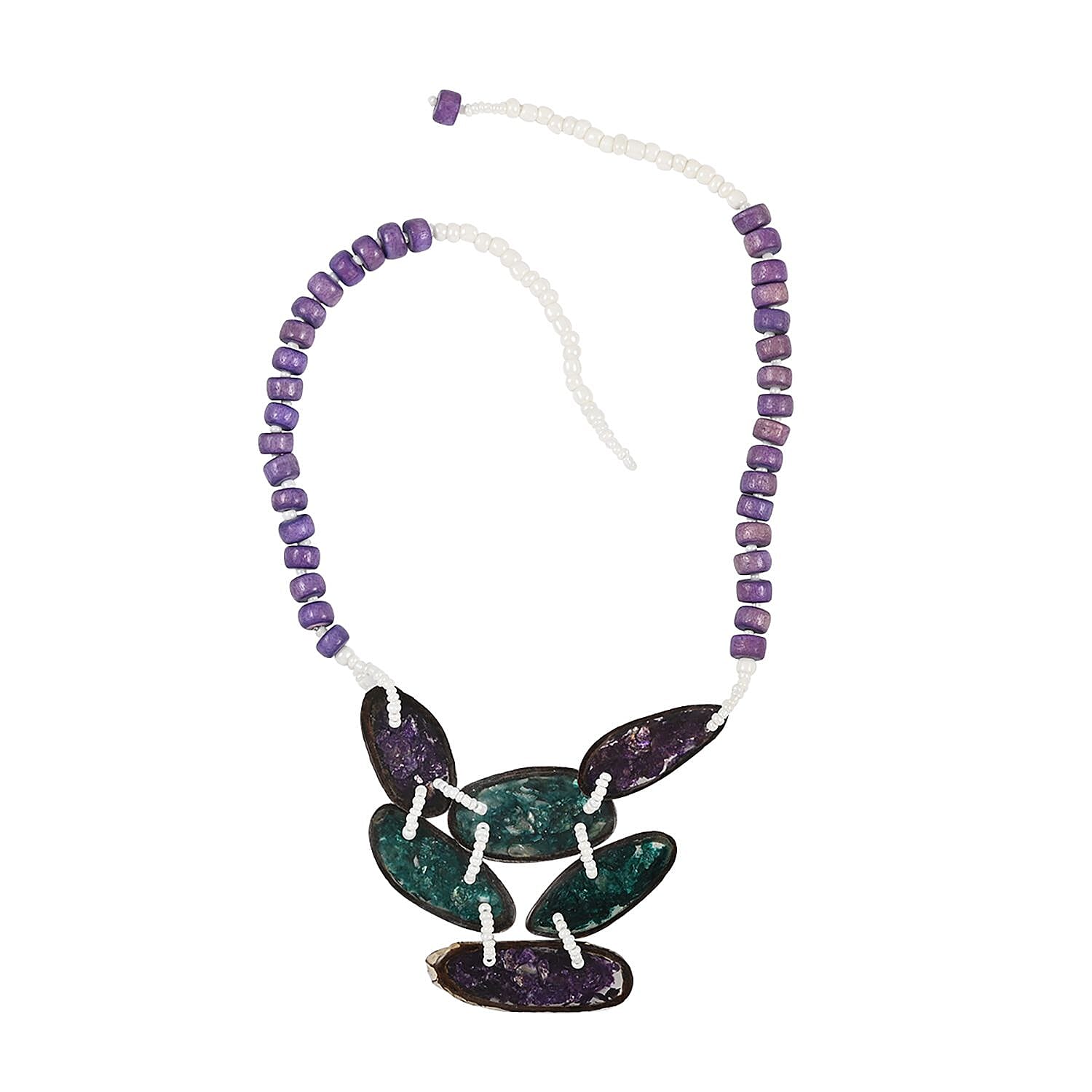 Purple Color Beaded, Shell and Resin Necklace (21 Inches)