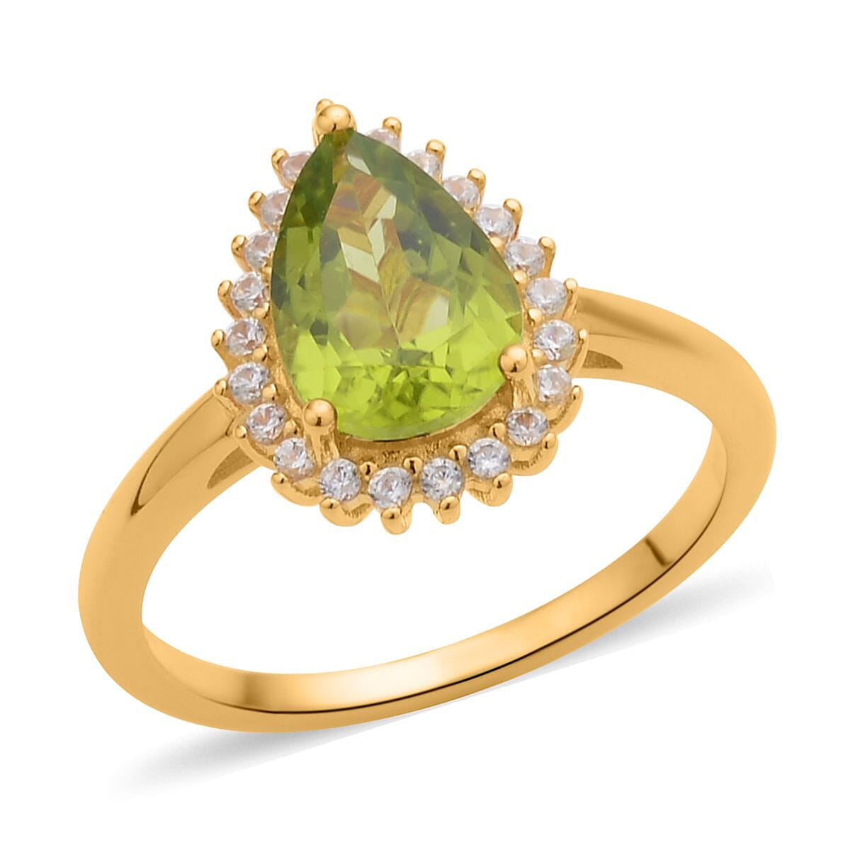 Premium Peridot, Natural White Zircon Halo Ring in Vermeil YG Over Sterling Silver (Size 10.0) 2.25 ctw