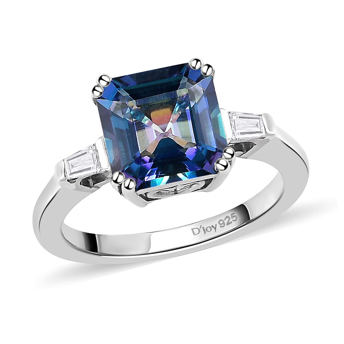 Asscher Cut Periwinkle Bloom Petalite and White Topaz 3 Stone Ring in Platinum Over Sterling Silver 2.35 ctw