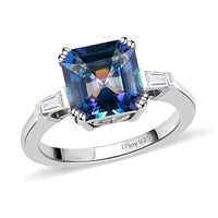 Asscher Cut Periwinkle Bloom Petalite and White Topaz 3 Stone Ring in Platinum Over Sterling Silver 2.35 ctw