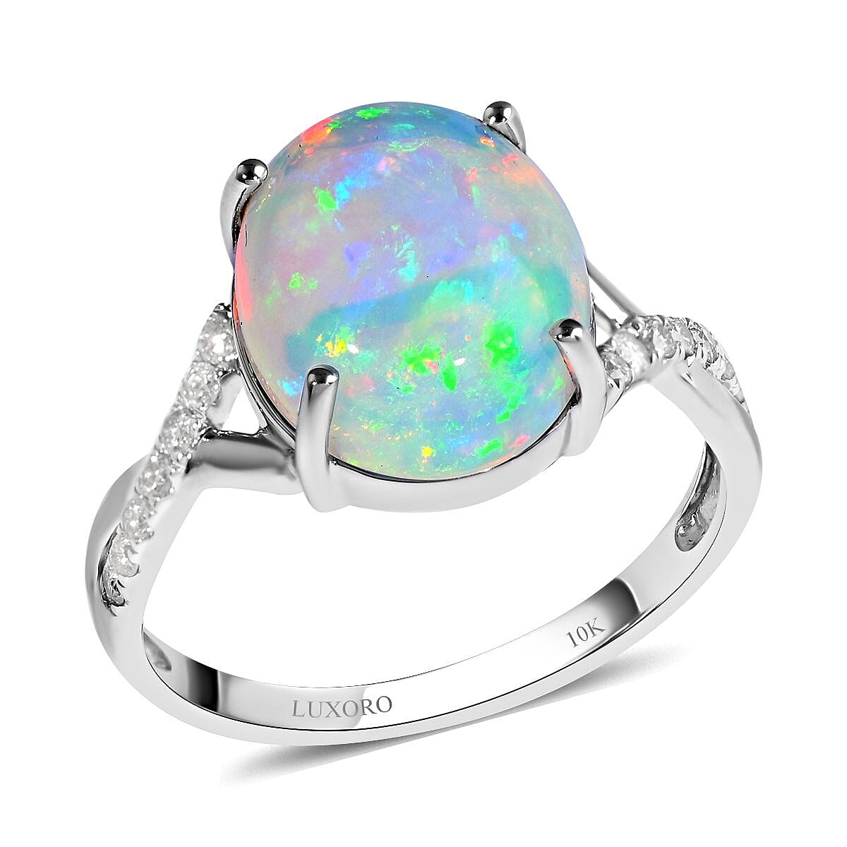 Certified & Appraised LUXORO 10K White Gold AAA Ethiopian Welo Opal and G-H I1 Diamond Ring 2.25 Grams 3.20 ctw