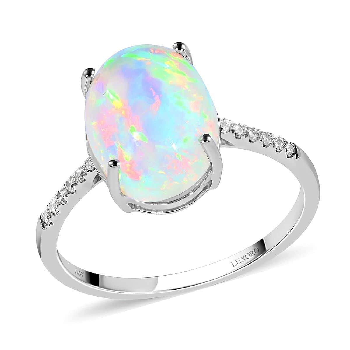 Certified & Appraised LUXORO 14K White Gold AAA Ethiopian Welo Opal and G-H I1 Diamond Ring 2.30 Grams 4.35 ctw