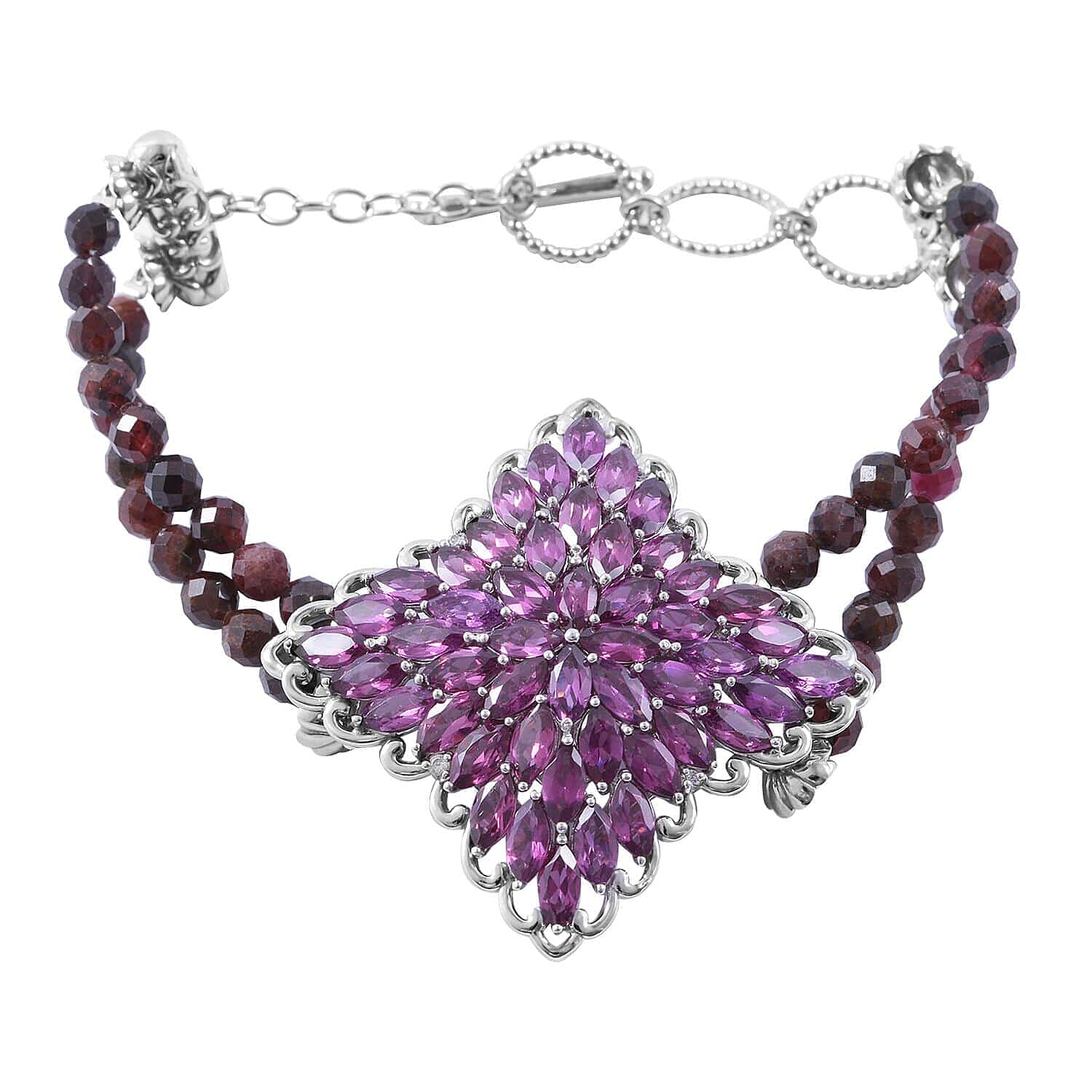 Orissa Rhodolite Garnet and Natural White Zircon Sparkle Bracelet in Platinum Over Sterling Silver (6.50-8.00In) 14.50 Grams 23.00 ctw