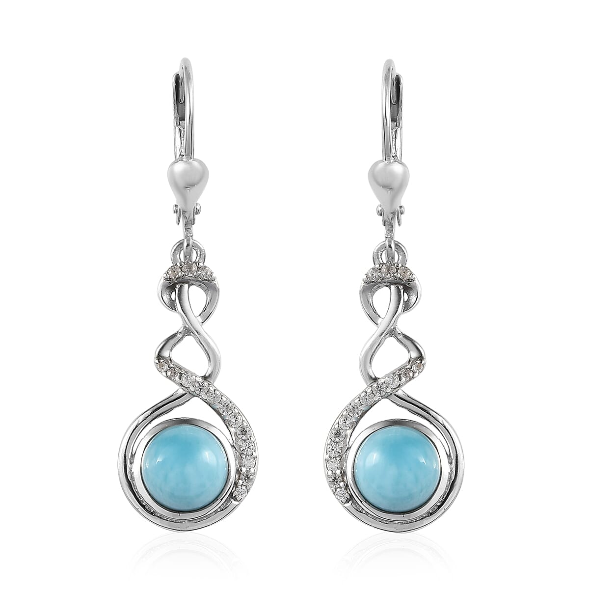 Larimar and White Zircon Lever Back Earrings in Platinum Over Sterling Silver 3.40 ctw