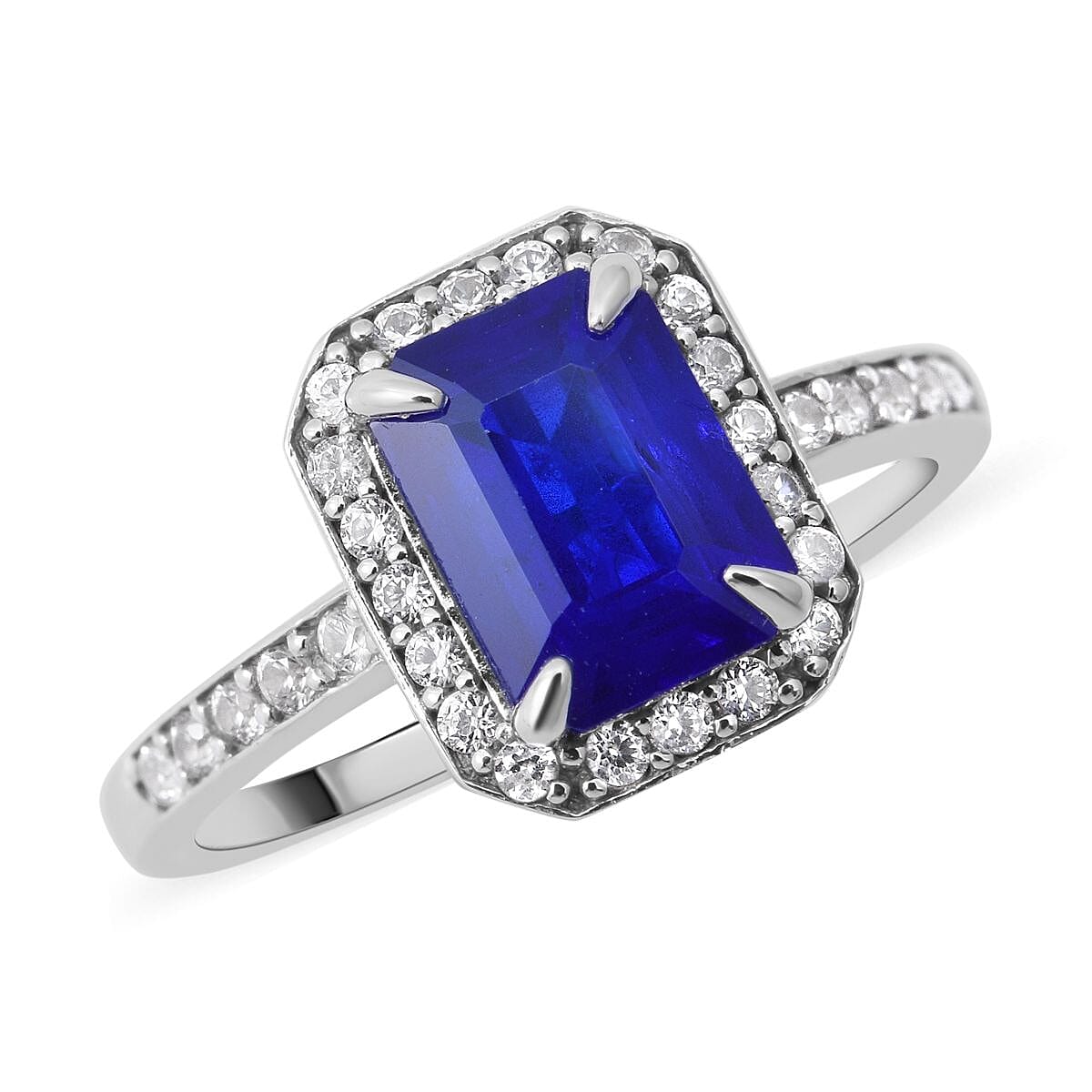 Tanzanian Blue Spinel and Natural White Zircon Halo Ring in Platinum Over Sterling Silver (Size 10.0) 2.10 ctw