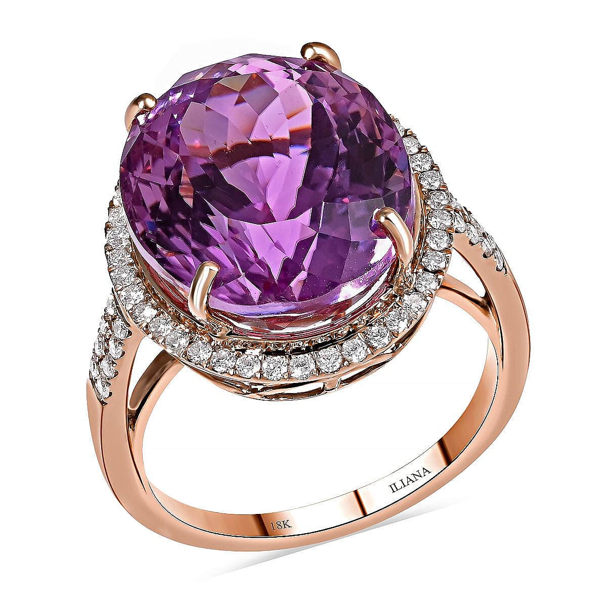 Certified & Appraised ILIANA 18K Rose Gold AAA Patroke Kunzite and G-H SI Diamond Halo Ring 5.80 Grams 18.85 ctw