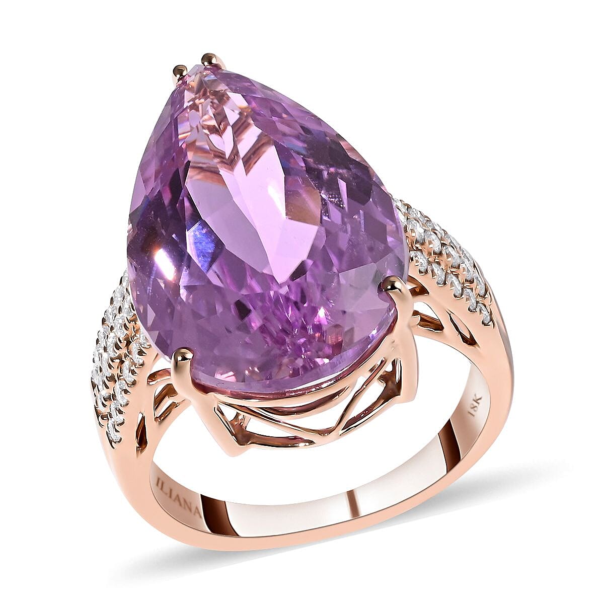 Certified & Appraised ILIANA 18K Rose Gold AAA Patroke Kunzite and G-H SI Diamond Halo Ring 6.35 Grams 23.70 ctw