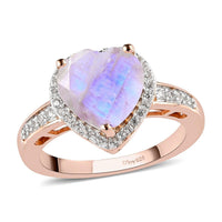Moon Glow Moonstone and Natural White Zircon Heart Ring in Vermeil Rose Gold Over Sterling Silver (Size 10.0) 2.60 ctw