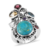 Artisan Crafted Opalina and Multi Gemstone Bird & Floral Ring in Sterling Silver (Size 9.0) 7.50 Grams 5.75 ctw