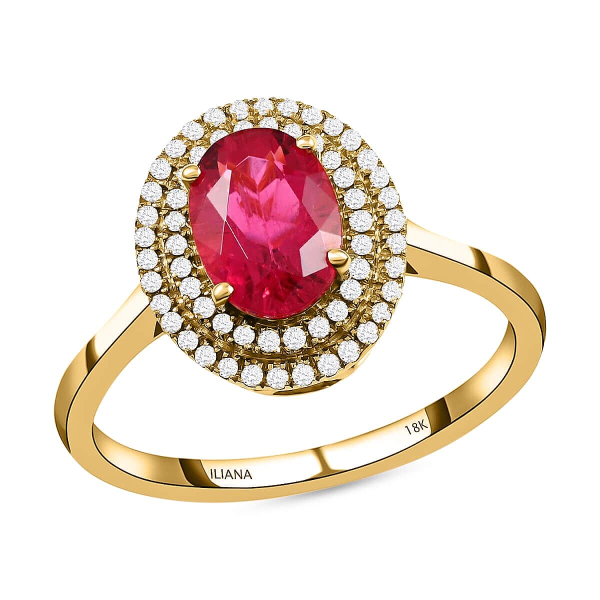 Certified & Appraised ILIANA 18K Yellow Gold AAA Ouro Fino Rubellite and G-H SI Diamond Double Halo Ring (Size 7.0) 3.52 Grams 1.60 ctw