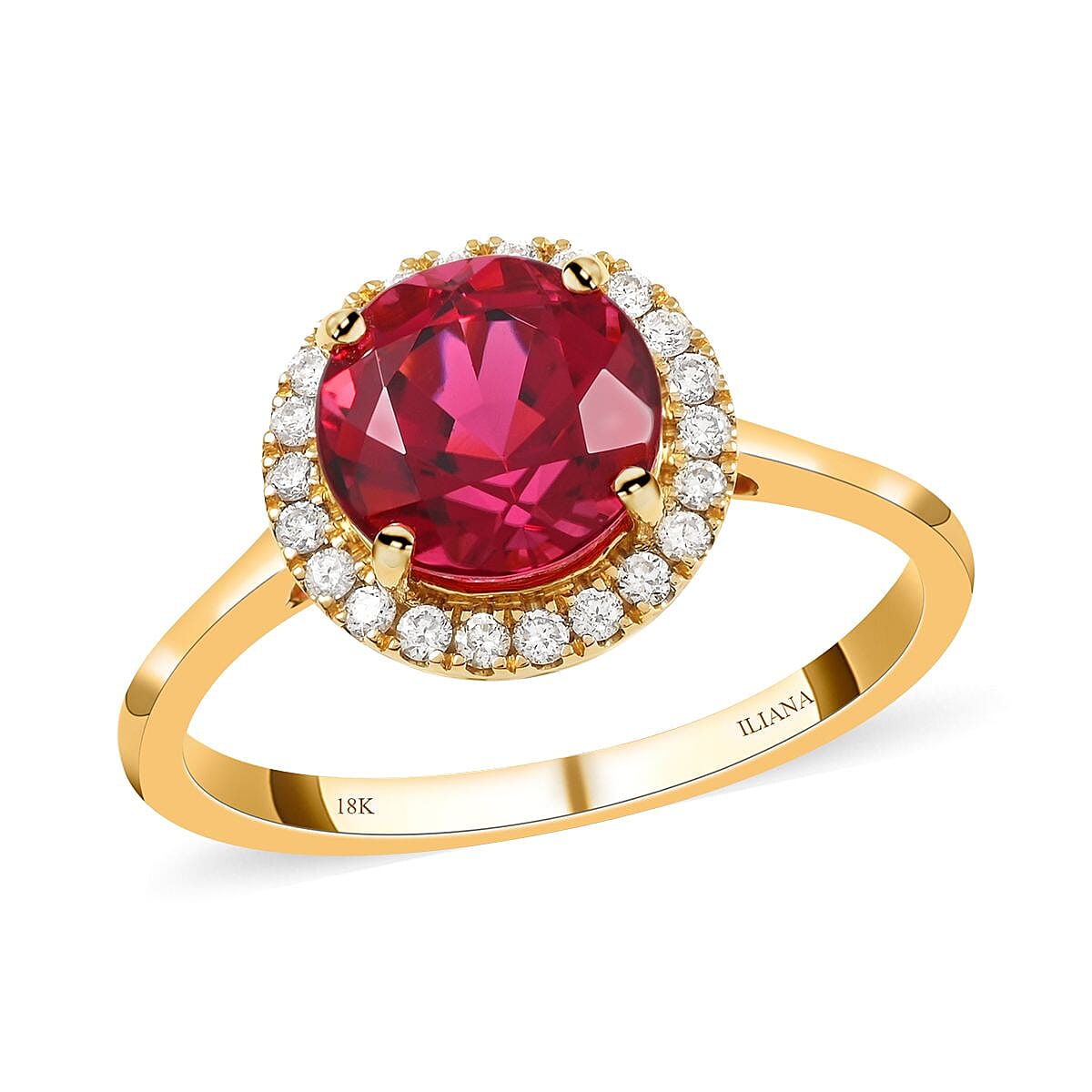 Certified & Appraised ILIANA 18K Yellow Gold AAA Ouro Fino Rubellite and G-H SI Diamond Halo Ring 3 Grams 2.45 ctw