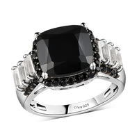 Thai Black Spinel and White Topaz Ring in Rhodium and Platinum Over Sterling Silver (Size 7.0) 6.50 ctw