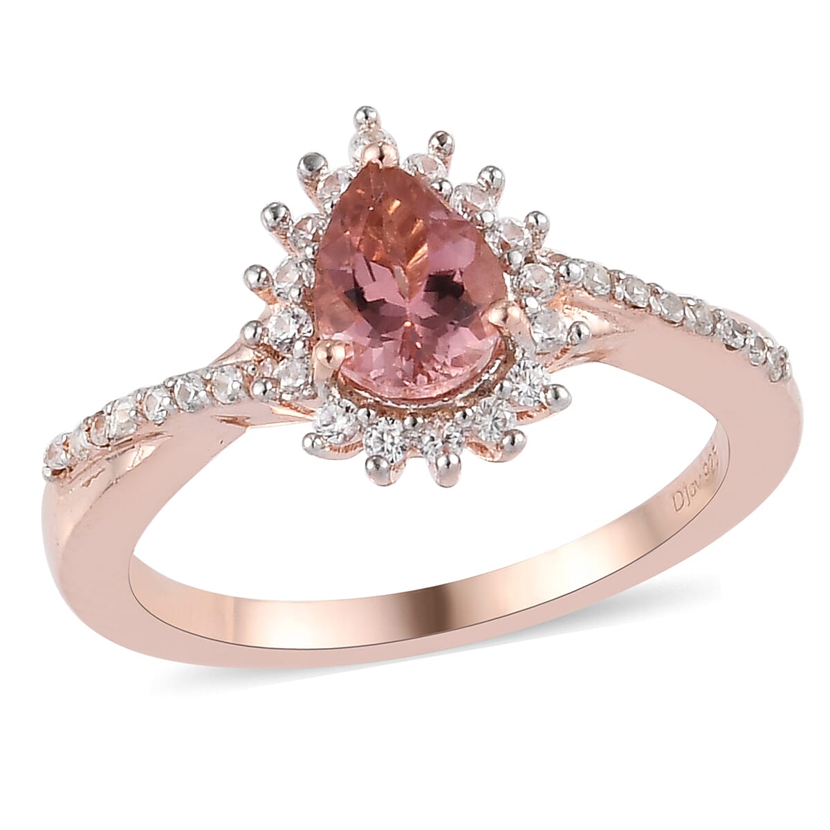 Blush Tourmaline, Natural Whtie Zircon Ring in Vermeil RG Over Sterling Silver 1.00 ctw
