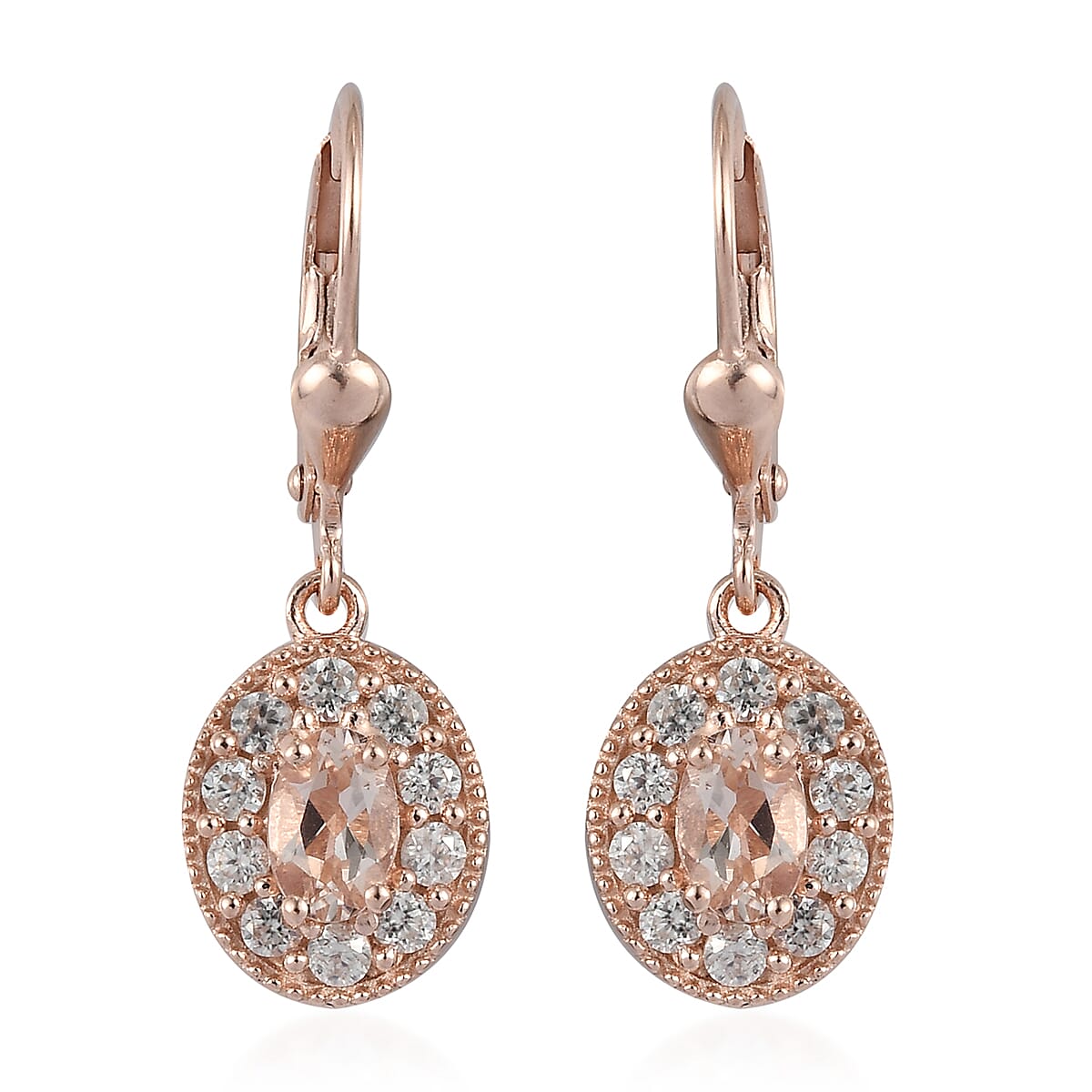 Marropino Morganite and Natural White Zircon Halo Dangle Earrings in Vermeil RG Over Sterling Silver 1.80 ctw