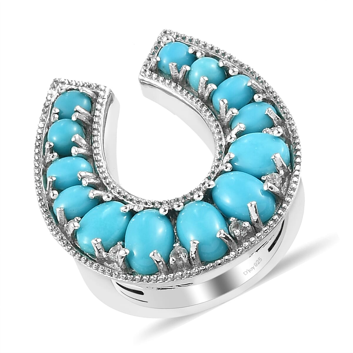 AMERICAN Natural Sleeping Beauty Turquoise and Natural White Zircon Horseshoe Ring in Platinum Over Sterling Silver 7.60 Grams 3.00 ctw