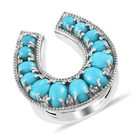 AMERICAN Natural Sleeping Beauty Turquoise and Natural White Zircon Horseshoe Ring in Platinum Over Sterling Silver 7.60 Grams 3.00 ctw