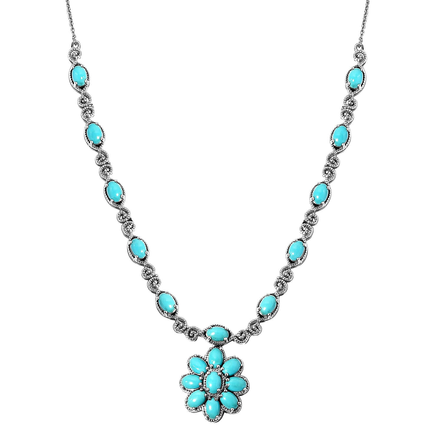 AMERICAN Natural Sleeping Beauty Turquoise Station Necklace 18 Inches in Platinum Over Sterling Silver 15.80 Grams 7.15 ctw