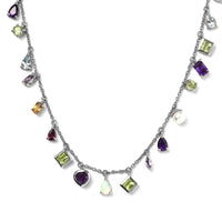 Multi Gemstone Mixed Shape and Gemstones Station Necklace 18-20 Inches in Platinum Over Sterling Silver 11.35 ctw