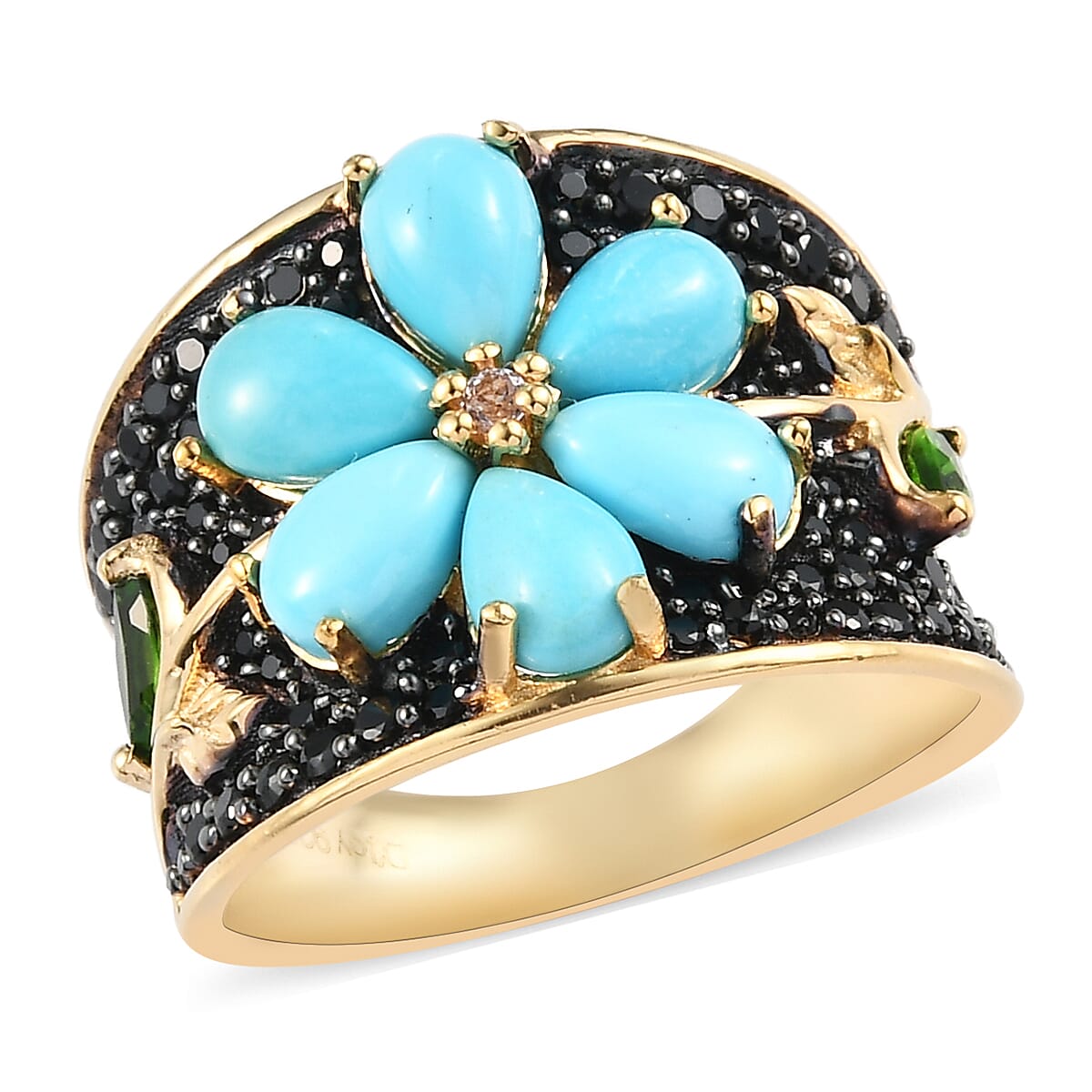 AMERICAN Natural Sleeping Beauty Turquoise and Multi Gemstone Floral Ring in Vermeil YG Over Sterling Silver (Size 7.0) 3.50 ctw (1)