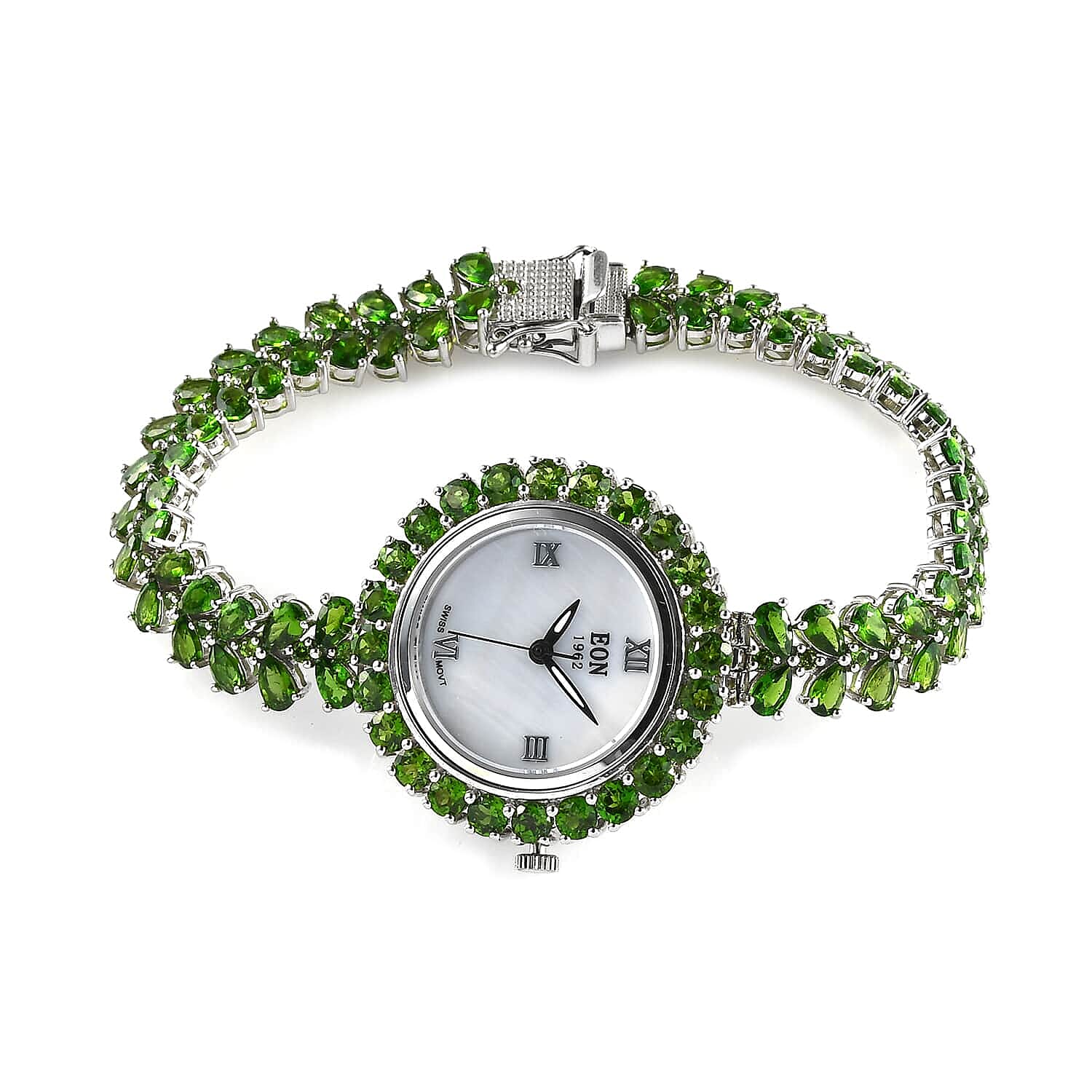 EON 1962 Natural Russian Diopside Swiss Movement Bracelet Watch in Platinum Over Sterling Silver (7.25 in) 20.50 Grams 21.65 ctw