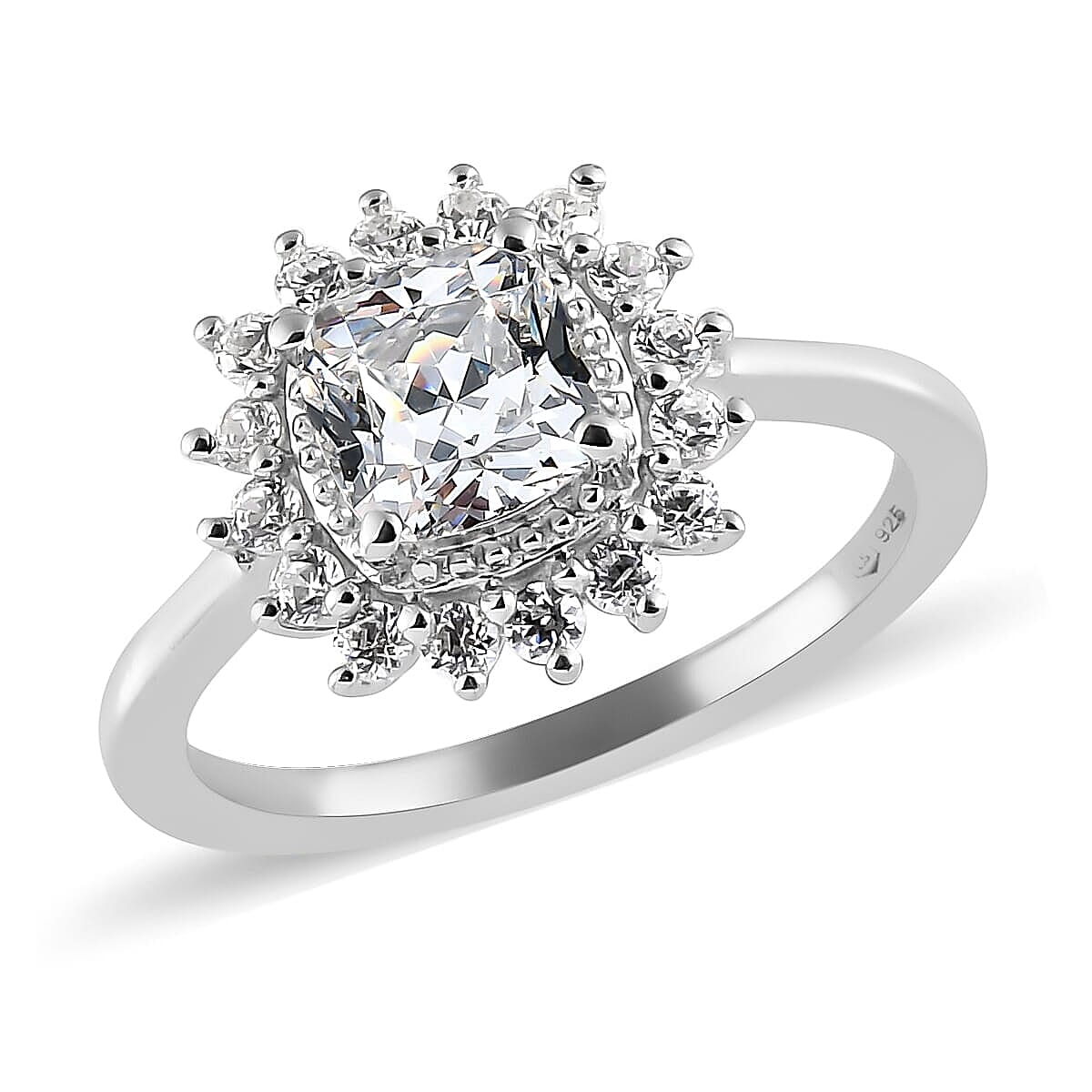 LUSTRO STELLA Platinum Over Sterling Silver Sunburst Ring (Size 6.0) Made with Zirconia (Cush 6x6 mm) from Swarovski 2.70 ctw