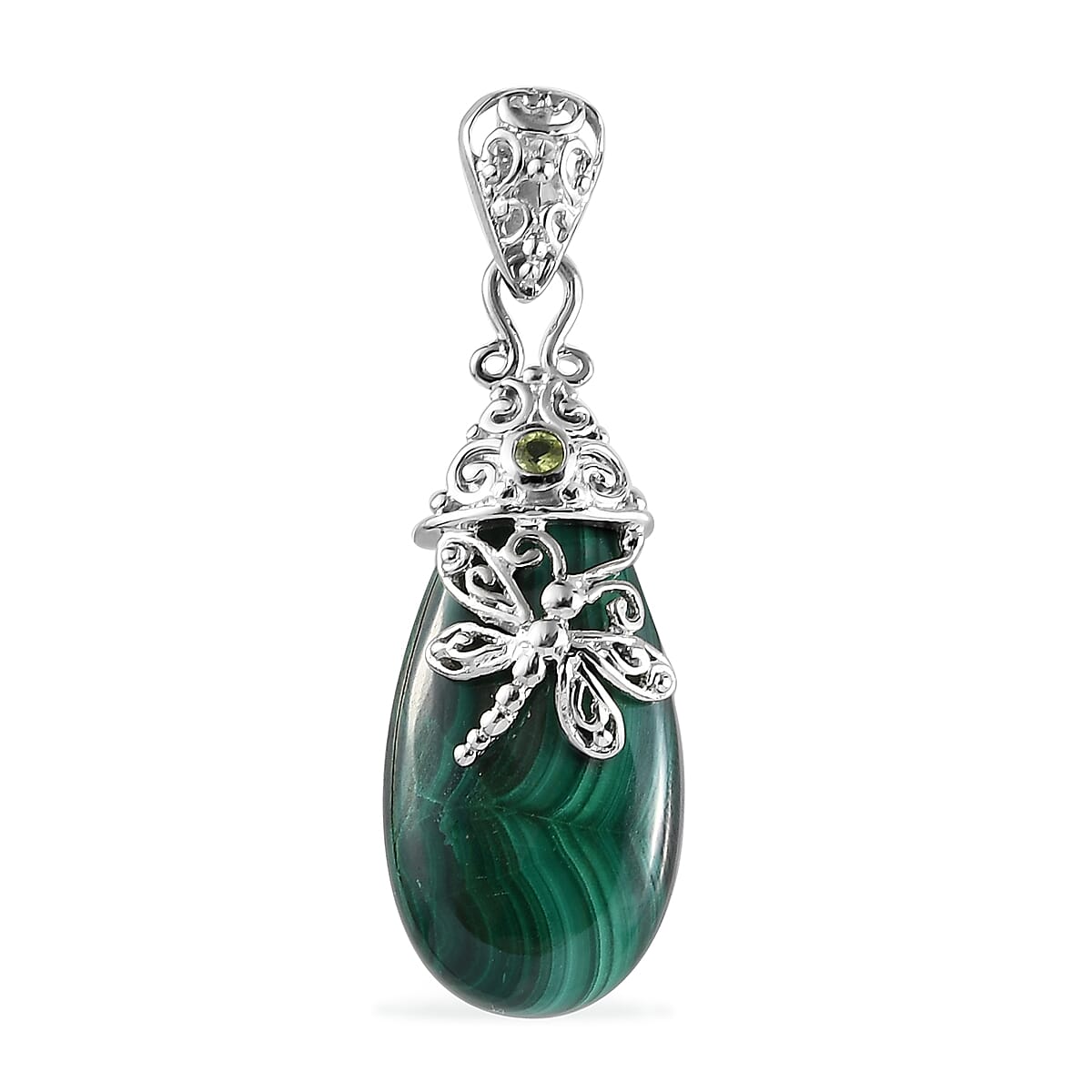 African Malachite and Peridot Dragonfly Pendant in Platinum Over Copper 24.40 ctw