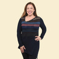 TAMSY Navy Multicolor Striped Asymmetrical Sweater - Large - Sticky add to cart bar