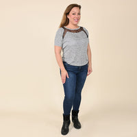 TAMSY Grey Knit Shirt with Black Lace Inlay - Large